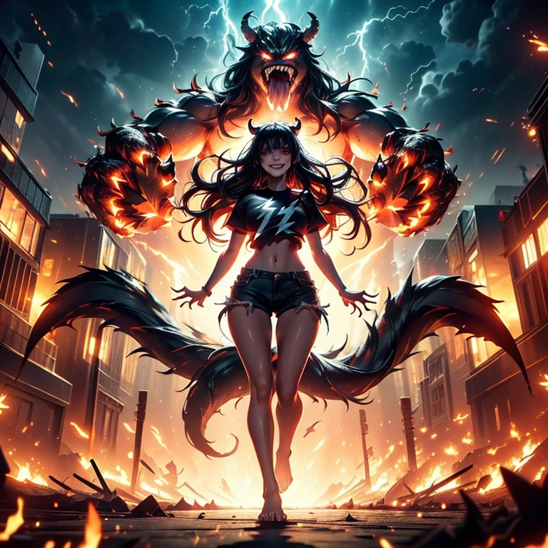 masterpiece, best quality, 8K wallpaper, HDR, octane rendering. A girl, alone, full body, (cut t-shirt), (short black shorts), barefoot, ((limbs mutated and transformed into huge beast claws, shadows form the beast's large jaws)), street, night, sky cloudy with ((lightning)), ((lightning: 1.1)), buildings in the background, detailed scenery, the girl has (messy and tied hair, shiny black hair:1,2), (beautiful and detailed face with perfect symmetry) , (beautiful, detailed red eyes), (red lips, smile, teeth: 1,2), (body with perfect anatomy, perfect natural texture, high details, glowing skin) cinematic lighting, vivid colors, detailed illustration, depth of field .