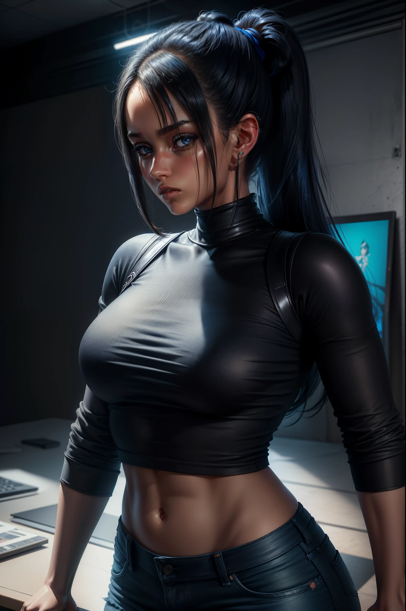 An ultra-detailed, realistic depiction of a girl with a high ponytail, wearing a black shirt and blue denim pants. The illustration should showcase the highest quality and resolution (best quality, highres, masterpiece:1.2) with sharp focus and vivid colors. The lighting should resemble a studio setup to enhance the details.