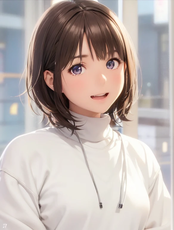 High resolution,In 8K,highest quality,detailed,Semi-realistic anime,Anime 3D Style,Smooth anime CG,One Girl,19-year-old woman in Japan,slim,Modeled,Shiny brown hair,Medium Hair,detailedな顔,Beautiful and detailed,Glowing Skin,Light Turtleneck Shirt,Ivory colored hoodie,straggling hair,Angelic hairstyle,(Small breasts),((deep ultramarine eyes)),(((Looking at the camera))),((Open your mouth)),((Laughter))