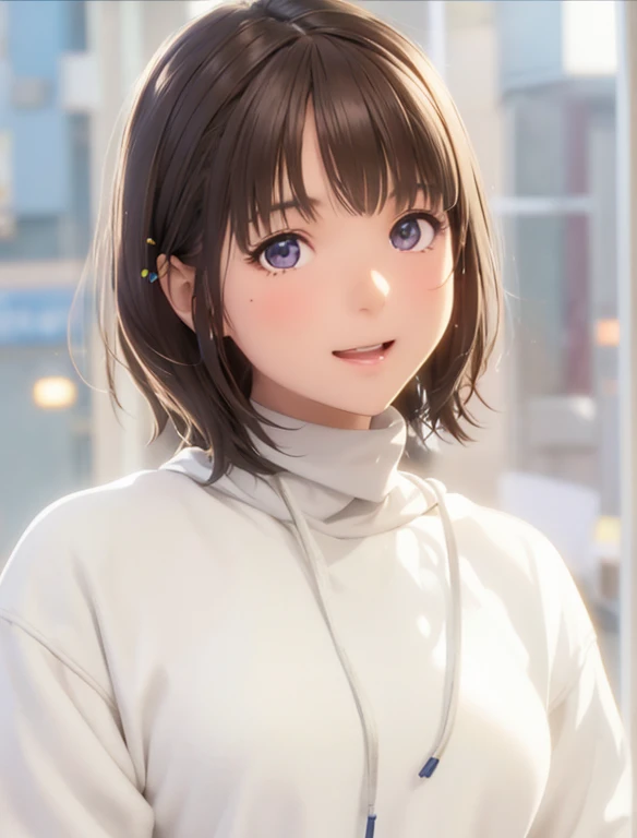 High resolution,In 8K,highest quality,detailed,Semi-realistic anime,Anime 3D Style,Smooth anime CG,One Girl,19-year-old woman in Japan,slim,Modeled,Shiny brown hair,Medium Hair,detailedな顔,Beautiful and detailed,Glowing Skin,Light Turtleneck Shirt,Ivory colored hoodie,straggling hair,Angelic hairstyle,(Small breasts),((deep ultramarine eyes)),(((Looking at the camera))),((Open your mouth)),((Laughter))