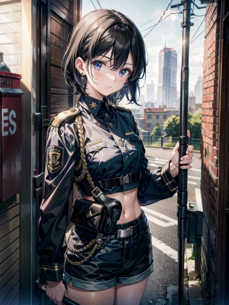 whole body, long sword, Black military uniform, Ladies' military vests, absurdres, RAW photo, extremely delicate and beautiful, masterpiece, Best Quality, ultra high resolution, 32k, hyperrealistic, ultra-detailed, tearful mole, earring, short medium hair, wavy hair, urban backdrop, shorts, midriff, 