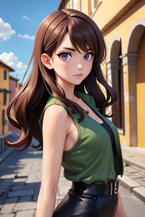 italian girl anime version (power to control the wind, purple eyes and light brown medium hair, green and black sleeveless cloth...