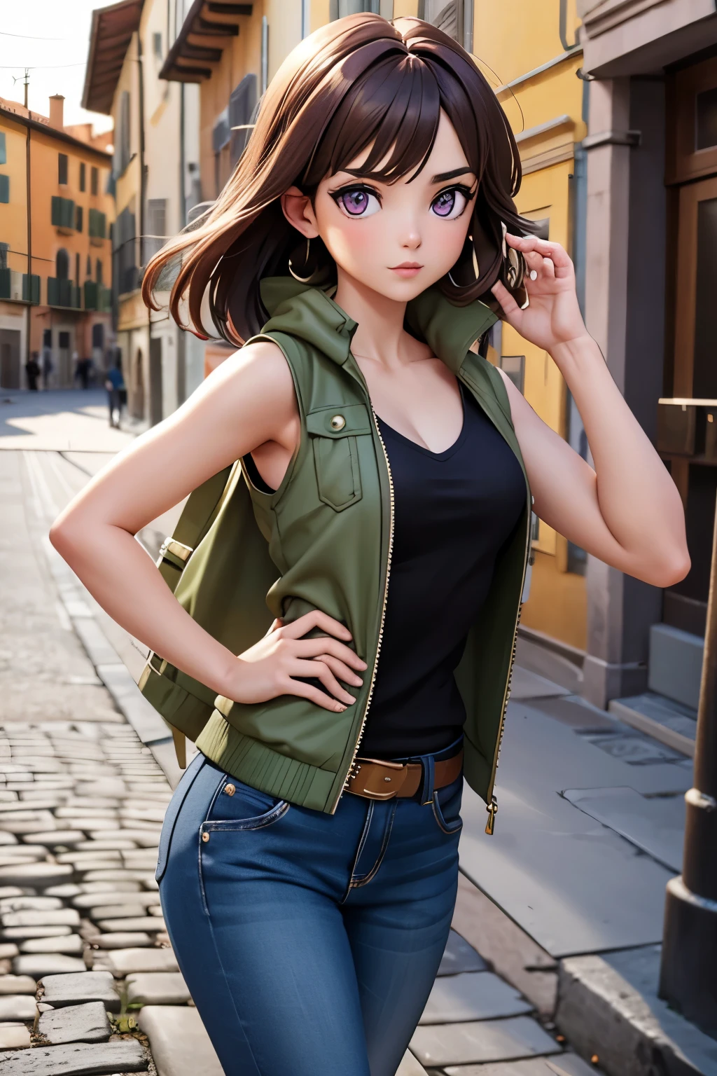 Italian Girl anime version (power to control the wind, purple eyes and light brown medium hair, green and black sleeveless clothes and jacket in Italy)