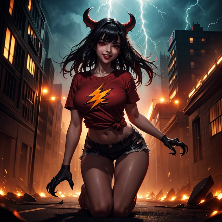 masterpiece, best quality, 8K wallpaper, HDR, octane rendering. A girl, alone, full body, (cut t-shirt), (short black shorts), barefoot, ((limbs mutated and transformed into huge beast claws, shadows form the beast's large jaws)), street, night, sky cloudy with ((lightning)), ((lightning: 1.1)), buildings in the background, detailed scenery, the girl has (messy and tied hair, shiny black hair:1,2), (beautiful and detailed face with perfect symmetry) , (beautiful, detailed red eyes), (red lips, smile, teeth: 1,2), (body with perfect anatomy, perfect natural texture, high details, glowing skin) cinematic lighting, vivid colors, detailed illustration, depth of field .