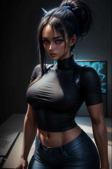An ultra-detailed, realistic depiction of a girl with a high ponytail, wearing a black shirt and blue denim pants. The illustrat...