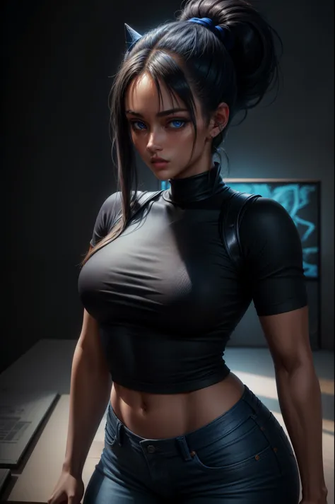 an ultra-detailed, realistic depiction of a girl with a high ponytail, wearing a black shirt and blue denim pants. the illustrat...