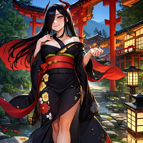 a woman wearing a long black yukata with red and gold details, long black hair, red horns, long red fur cape, yellow eyes, smili...