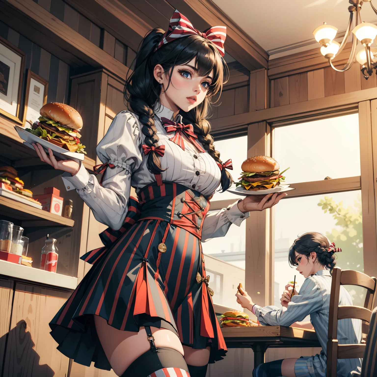 (masterpiece, best quality:1.2), solo, 1girl, ffwendys, two-handed burger, holding burger with both hands, eating, twin braids, hair bow, striped dress, striped sleeves, puffy sleeves, striped thighhighs, indoors, restaurant 