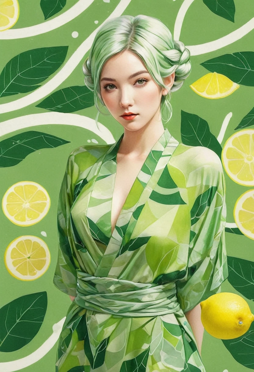 Elf female, feminine look, sexy hair, green outfit, leaves around body, swirling air movement, wide angle, full body view, loose fabric, geometric shapes, small breasts, lemon pattern kimono, rated R, up-do hair, Bauhaus, geometric shapes