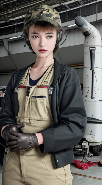 highest quality, ((Professional photos, RAW Photos)), Insanely Real, Very delicate and beautiful, Ultra-high resolution, Realistic lighting and shading, (A realistic image of a very cute female aircraft mechanic, alone), wide々Inside the aircraft hangar, A World War II-era monoplane fighter can be seen in the background...., Aircraft parts scattered on the floor, Maintenance Tools, She is in charge of aircraft maintenance...., (Wearing a long-sleeved mechanic coverall with a military camouflage pattern), (Wear heavy duty mechanic gloves), (Wear a headset), Her hair will be tied up later, Very professional mechanics, Mysterious Smile, ((Very beautiful eyes and face)), (Amazingly beautiful, Natural skin texture), Accurate Eyes, Accurate needle, Overall well-balanced body, ((15-year-old girl, Very short hair:1.3, Cute type, slim, The body is slim:1.3, Baseball cap))