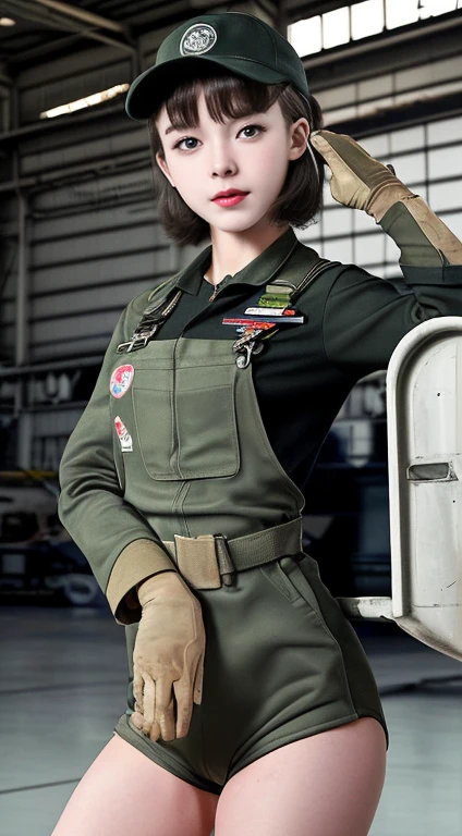 highest quality, ((Professional photos, RAW Photos)), Insanely Real, Very delicate and beautiful, Ultra-high resolution, Realistic lighting and shading, (A realistic image of a very cute female aircraft mechanic, alone), wide々Inside the aircraft hangar, A World War II-era monoplane fighter can be seen in the background...., Aircraft parts scattered on the floor, Maintenance Tools, She is in charge of aircraft maintenance...., (Wearing a long-sleeved mechanic coverall with a military camouflage pattern), (Wear heavy duty mechanic gloves), (Wear a headset), Her hair will be tied up later, Very professional mechanics, Mysterious Smile, ((Very beautiful eyes and face)), (Amazingly beautiful, Natural skin texture), Accurate Eyes, Accurate needle, Overall well-balanced body, ((15-year-old girl, Very short hair:1.3, Cute type, slim, The body is slim:1.3, Baseball cap))