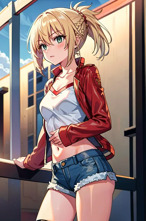 Masterpiece, Best Quality, illustration, city street, 1girl, Mordred \(fate\), cowboy shot, skinny, collarbone, Detailed blond h...