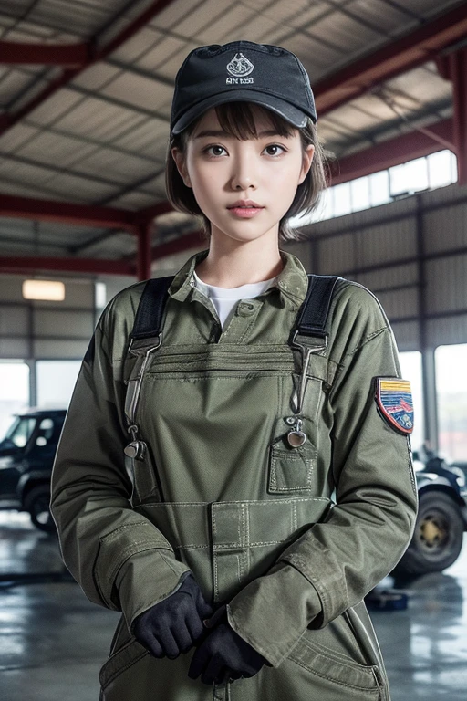 highest quality, ((Professional photos, RAW Photos)), Insanely Real, Very delicate and beautiful, Ultra-high resolution, Realistic lighting and shading, (A realistic image of a very cute female aircraft mechanic, alone), wide々Inside the aircraft hangar, A World War II-era monoplane fighter can be seen in the background...., Aircraft parts scattered on the floor, Maintenance Tools, She is in charge of aircraft maintenance...., (Wearing a long-sleeved mechanic coverall with a military camouflage pattern), (Wear heavy duty mechanic gloves), (Wear a headset), Her hair will be tied up later, Very professional mechanics, Mysterious Smile, ((Very beautiful eyes and face)), (Amazingly beautiful, Natural skin texture), Accurate Eyes, Accurate needle, Overall well-balanced body, ((15-year-old girl, Very short hair:1.3, Cute type, slim, The body is slim:1.3, Baseball cap))