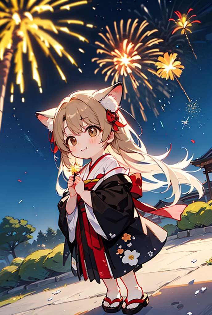 irohaisshiki, Isshiki Iroha, long hair, light brown hair, (brown eyes:1.5), smile,animal ears　fox ears,animal caudal fin　fox tail,flower hair ornament,Yukata with yellow floral pattern,long skirt,Zori sandals,firework in the night sky,firework,The place is a firework display,Time is night,sunny day,So that the whole body is included in the illustration,
break outdoors, Shrine break looking at viewer,
break (masterpiece:1.2), highest quality, High resolution, unity 8k wallpaper, (figure:0.8), (beautiful deしっぽed eyes:1.6), extremely deしっぽed face, perfect lighting, extremely deしっぽed CG, (perfect hands, perfect anatomy),