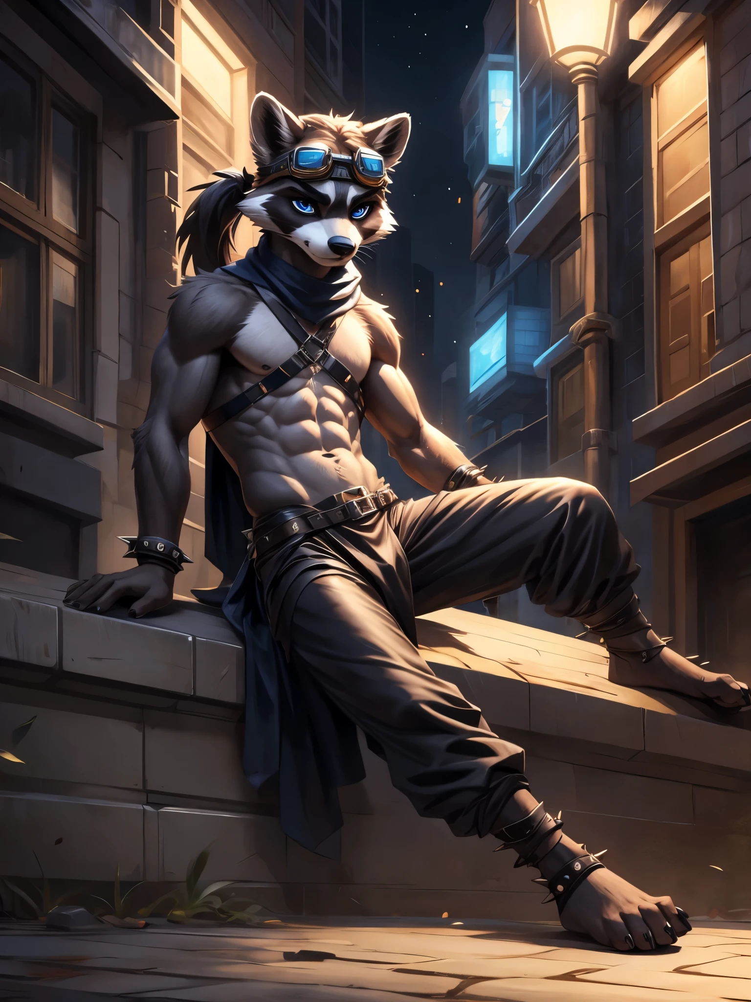 no lighting, deep shadow, dynamic angle, Solo, teen furry, furry, teen, raccoon, grey body, long brown spiked_ponytail, Detailed body fur, long blue scarf, leather_harness, blue_loincloth, goggles, masterpiece, gray body, Detailed face, big eyebrows, blue eyes, detailed eyes, No muscles, Detailed hands, Flat body, Skinny, Detailed paws, metal cuffs on wrists, metal cuffs on ankles, black baggy pants, no shirt, street, night, no underwear, laying, bored