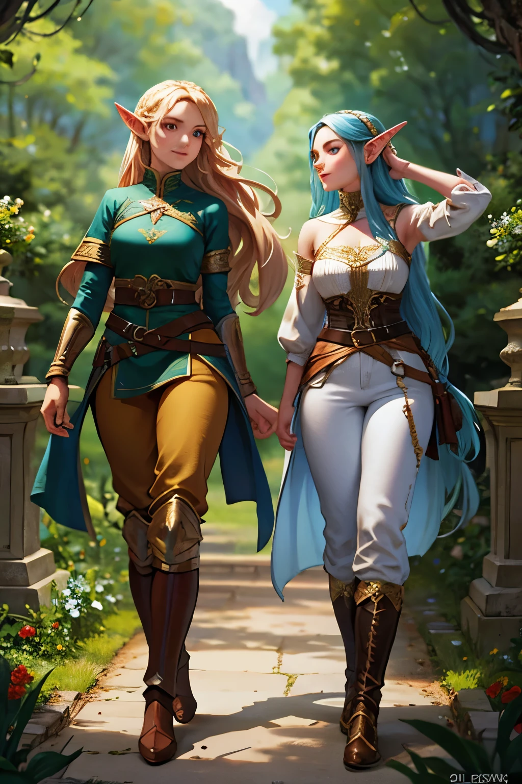 photorealistic, a high resolution, 2 beautiful female elf warriors, ((twins)), long braided golden hair, (wear elven baroque armor), battle-worn, magic, jeans, short top, smiling, fantasy, dynamic pose, background of castle ruins in the forest, dramatic, Chromatic aberration.