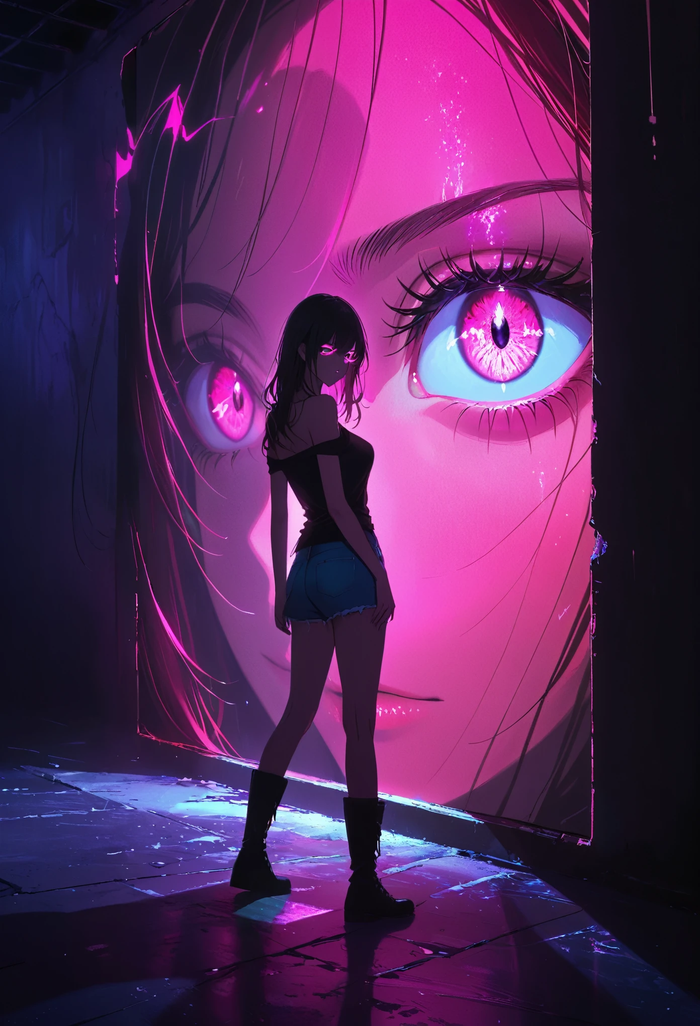 (Portrait of a mysterious giant eye), indoor, Fluorescent illumination, (Darkness shrouded, Wall background, black background, shadow, extreme darkness:2.0), Minimalist graffiti style background, Fluorescent pink eye graffiti, Dark atmosphere, 1girl, Oversized black T-shirt, midlle breasts, Waistless T-shirt, underboob, blurred background, Blurred foreground, neon Pink glowing hair, neon pink glowing eyes, Bare shoulder, presenting armpit, Kneel on the ground, Unbelievably long hair, Messy hair, Low rise denim shorts, Over-the-knee boots, pink eye shadow, Eye of destruction, Poker face, silhouette, cowboy shot, Surrealism, perspective, cowboy shot, pov, UHD, anatomically correct, super detail, best quality, 16k, masterpiece