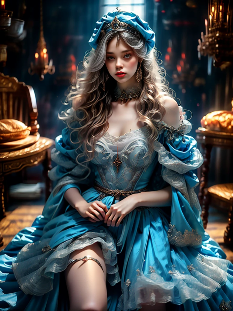 (Medieval fantasy style female princess)，whole body，Wearing a headscarf，luxury crown，blue eyes，blond，17 years old，(Red and silver headscarf)，(Knee Shot:1.5)，Sexy，blue eyes，Extra large breasts，Pointy huge breasts gorgeous jewelry，Lips slightly open，Keep your lips elegant and charming，(blush)，Contempt，Calm and handsome，(Medieval fantasy dress，Beautiful big pointed breasts，Small waist，Perfect body，Blue delicate pattern，Red cape)，oc rendering reflection texture，Sexy风格，Medieval Castle Background，Slim body，Very small waist，(erect nipples see trough dress)，masterpiece，best quality，high resolution，8K，original photo，real picture，Digital Photography，(UHD, anatomically correct, textured skin, ccurate, award winning)