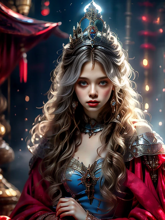(Medieval fantasy style female princess), whole body, Wearing a headscarf, luxury crown, blue eyes, blond, 17 years old, (Red and silver headscarf), (Knee Shot:1.5), Sexy, blue eyes, Extra large breasts, Pointy huge breasts gorgeous jewelry, Lips slightly open, Keep your lips elegant and charming, (blush), Contempt, Calm and handsome, (Medieval fantasy dress, Beautiful big pointed breasts, Small waist, Perfect body, Blue delicate pattern, Red cape), oc rendering reflection texture, Sexy style, Medieval Castle Background, Slim body, Very small waist, (erect nipples see trough dress), high resolution, original photo, real picture, Digital Photography, (UHD, award winning), masterpiece, best quality, 8K, anatomically correct, textured skin, ccurate