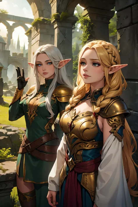 photorealistic, a high resolution, 2 beautiful female elf warriors, ((twins)), long braided golden hair, (wear elven baroque arm...