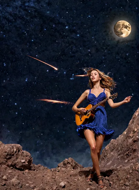 "capture the epic, realistic and enchanting scene of a beautiful girl playing the guitar on the moon, while a large flaming mete...