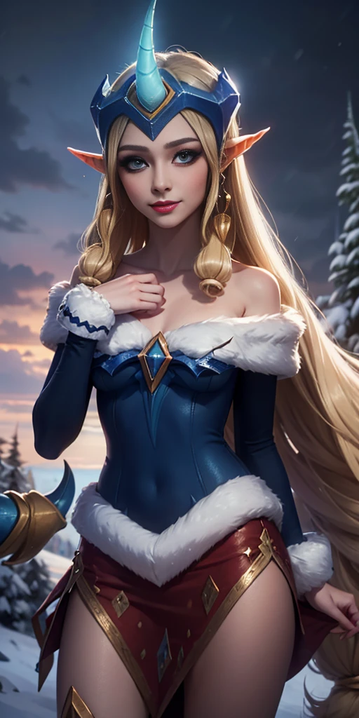 (masterpiece, best quality:1.2) intricate details, winter wonder soraka, 1girl, single horn, fur-trimmed dress, bare shoulders, earrings, blonde hair, pointy ears, smile