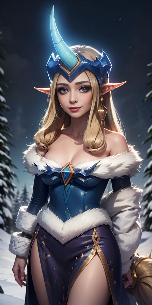 (masterpiece, best quality:1.2) intricate details, winter wonder soraka, 1girl, single horn, fur-trimmed dress, bare shoulders, earrings, blonde hair, pointy ears, smile