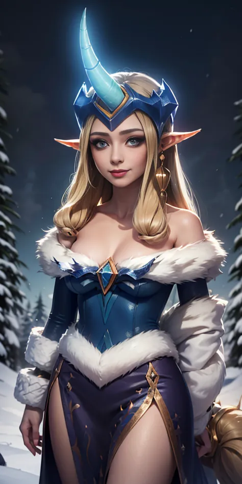 (masterpiece, best quality:1.2) intricate details, winter wonder soraka, 1girl, single horn, fur-trimmed dress, bare shoulders, ...