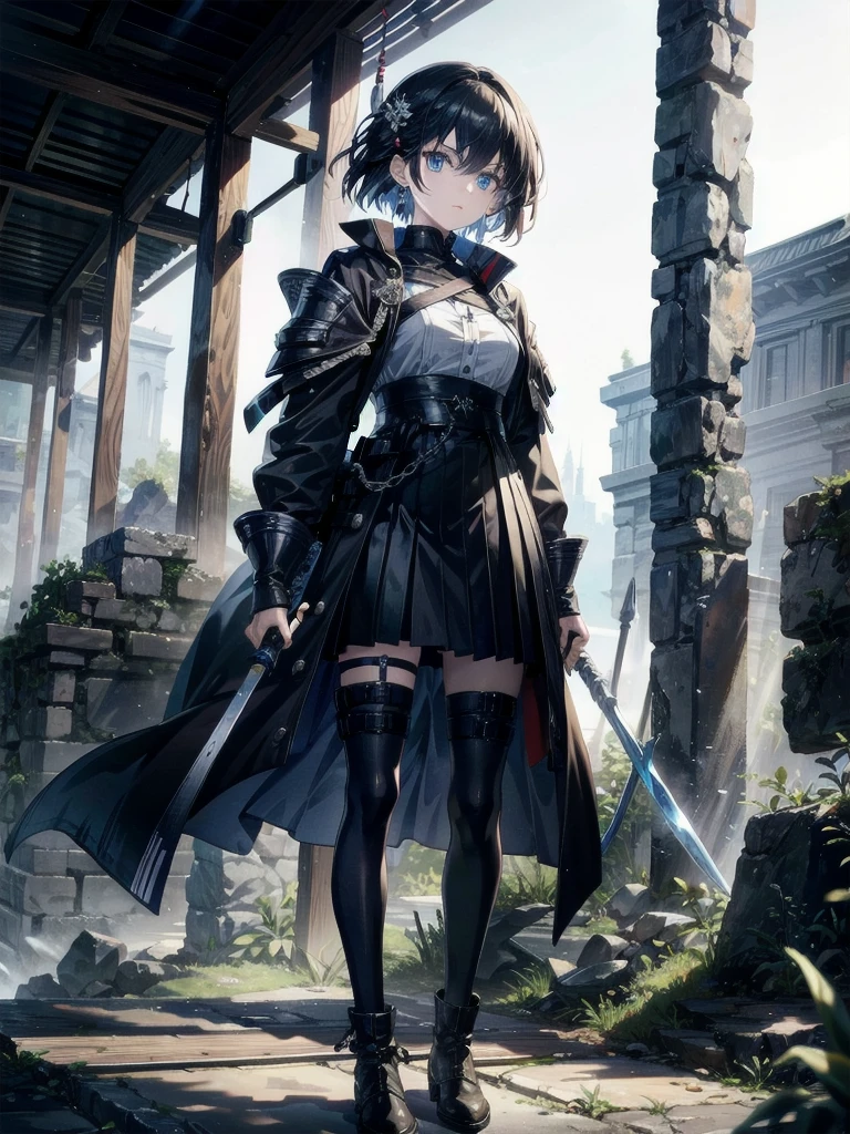 whole body, long blue great sword, Ruins, tech boots, black jacket, samurai, absurdres, RAW photo, extremely delicate and beautiful, masterpiece, Best Quality, ultra high resolution, 32k, hyperrealistic, ultra-detailed, detailed description, pale skin, 20 years old, detailed beautiful face and eyes, tearful mole, earring, Colossal tits, short medium hair, wavy hair,