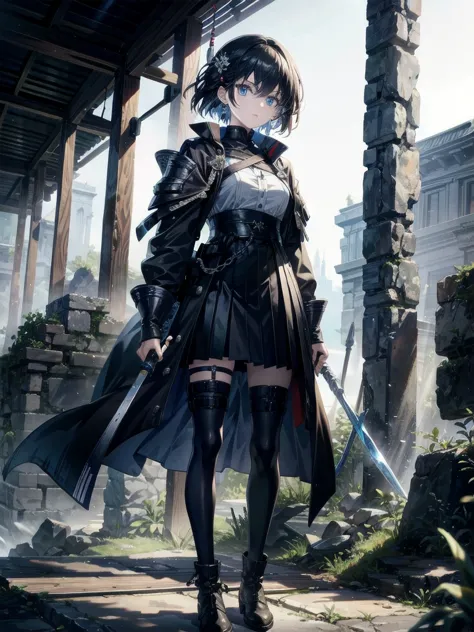 whole body, long blue great sword, Ruins, tech boots, black jacket, samurai, absurdres, RAW photo, extremely delicate and beauti...
