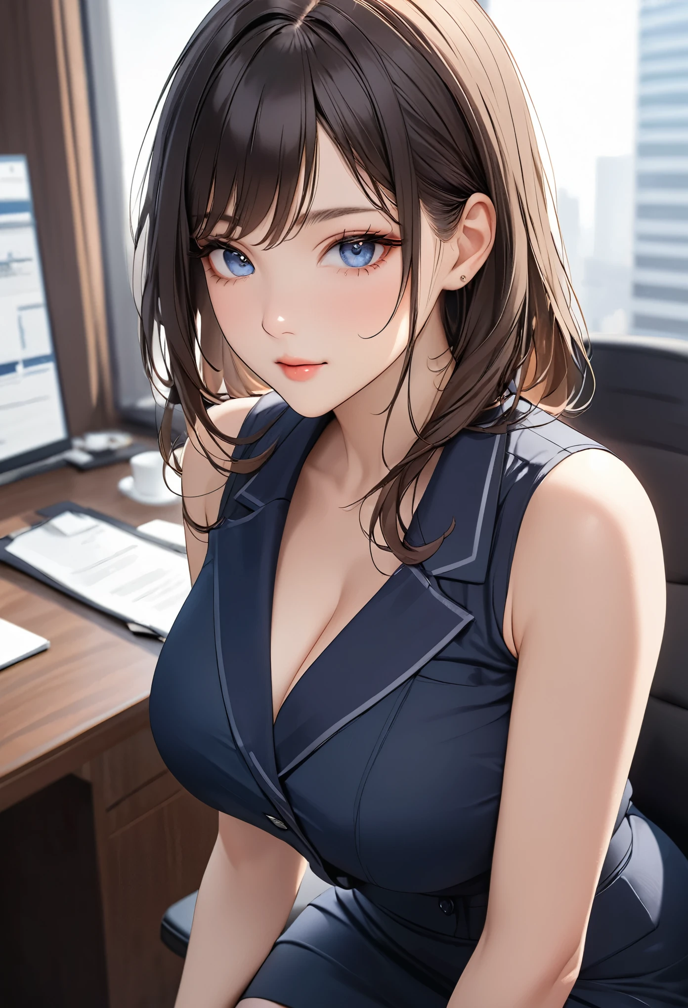 (((masterpiece))),(((High resolution)))、(((8K quality)))、(((perfect face)))、(((Beautiful office woman))), ((sleeveless)), tights, skirt, look at the camera, ((top quality eyes)), detailed face, (detailed texture), look at the camera, big 
