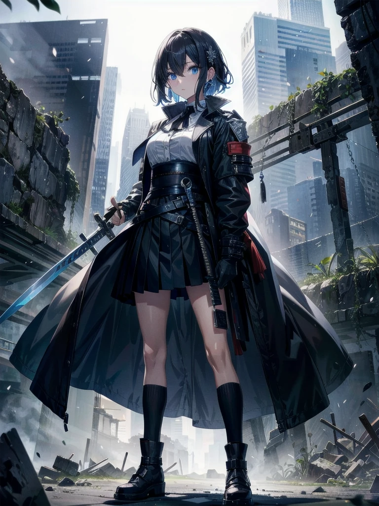 whole body, long blue great sword, Ruins, tech boots, black jacket, samurai, school_uniform, absurdres, RAW photo, extremely delicate and beautiful, masterpiece, Best Quality, ultra high resolution, 32k, hyperrealistic, ultra-detailed, detailed description, pale skin, 20 years old, detailed beautiful face and eyes, tearful mole, earring, Colossal tits, short medium hair, wavy hair,