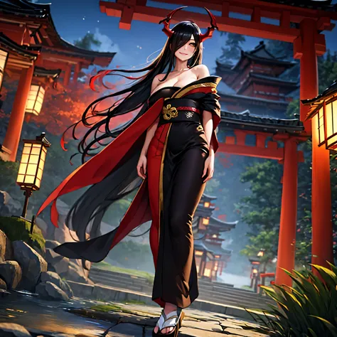 a woman wearing a long black yukata with red and gold details, long black hair, red horns, long red fur cape, yellow eyes, smili...