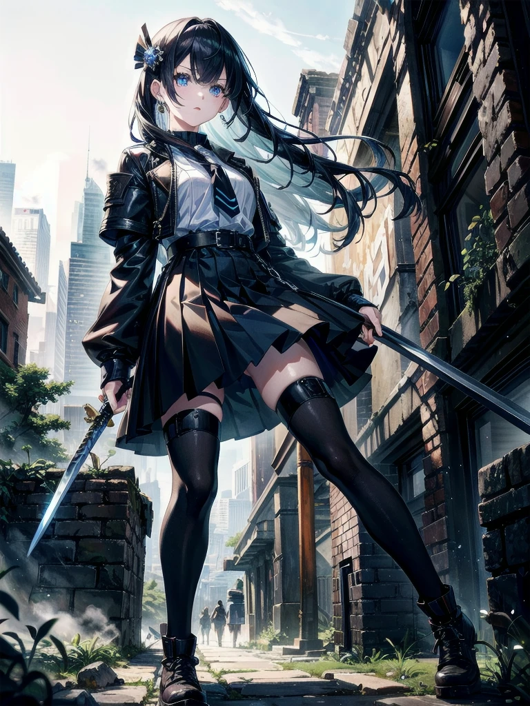 whole body, long blue great sword, Ruins, tech boots, black jacket, samurai, school_uniform, absurdres, RAW photo, extremely delicate and beautiful, masterpiece, Best Quality, ultra high resolution, 32k, hyperrealistic, ultra-detailed description, pale skin, 20 years old, detailed beautiful face and eyes, tearful mole, earring, Colossal tits, short medium wavy hair,