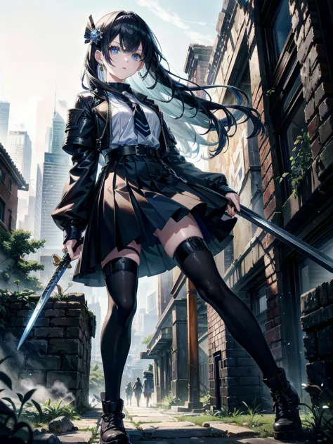 whole body, long blue great sword, Ruins, tech boots, black jacket, samurai, school_uniform, absurdres, RAW photo, extremely del...