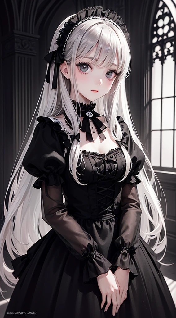 (top-quality),(masuter piece),Delicately drawn face,girl with a pretty face,beautiful detailed eyes,Gothic Lolita Fashionb,((Black and white costume)),(Beautiful silky silver hair:1.2),black ribbon hair ornament,Film Lighting,in Gothic room