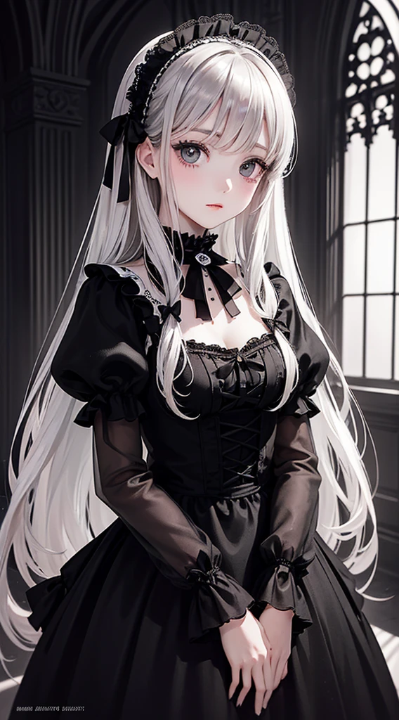 (Top Qualität),(Masseterstück),Fein gezeichnetes Gesicht,Mädchen mit hübschem Gesicht,Schöne, detaillierte Augen,Gothic Lolita Modeb,((Schwarz-weißes Kostüm)),(Schönes seidiges silbernes Haar:1.2),Haarschmuck aus schwarzem Band,Filmbeleuchtung,im gotischen Raum