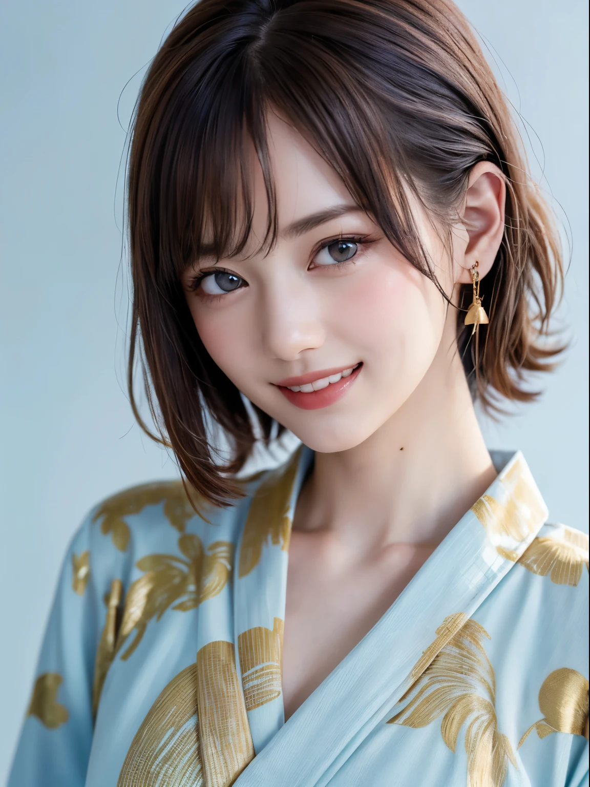 (highest quality、8k、32k、masterpiece)、(RAW Photos)、(Realisticな)、(High resolution)、Very detailedな、Very beautiful face and eyes、One Girl、Round and small face、Delicate body、(close、highest quality、Rich skin detail、highest quality、8k)、Very detailed、(Realistic、Realistic:1.37)、Vibrant colors、(((Laughter)))、(((Golden Hair)))、(((I touch my chest with my right hand)))、(((Smiling)))、(((Bust Shot)))、(((White Background)))、((Medium Hair))、(((Pure white wall background)))、(((Blonde)))、(((She is wearing a yukata with a pop design.)))、(((Brown and light blue yukata)))、(((Pure white wall background)))、