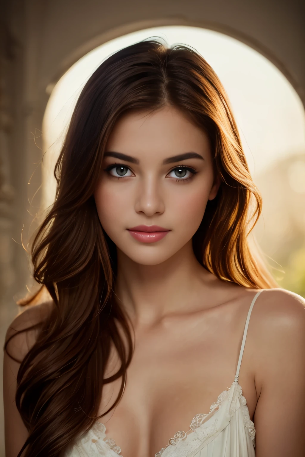 beau visage détaillé, Roux, des yeux magnifiques, des lèvres pulpeuses, magnifique fille, éclairage doux, couleurs vives, portrait, Une haute résolution, Ambiance romantique, Fond de rêve, pose élégante, détails délicats, une peau impeccable, regard captivant, Sourire charmant, Esthétique des arts visuels, coups de maître , style de peinture à l&#39;huile, digne d&#39;une galerie, beauté surnaturelle, Flashé, Diffusion de la lumière