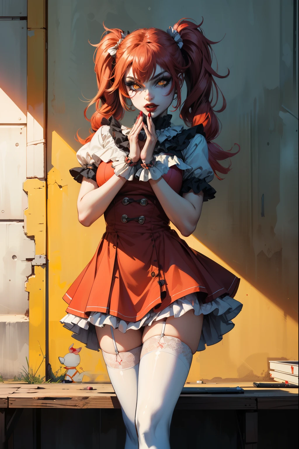 (extremely detailed CG unity 4k wallpaper),(masterpiece),(best quality),(ultra-detailed),(best illustration),(best shadow),(absurdres),(Detailed background), Pale skin, Clown girl, Clown make up, White and red clown girl dress, White stockings, Very long red hair (Pigtails), Glowing yellow eyes, 2 hands,