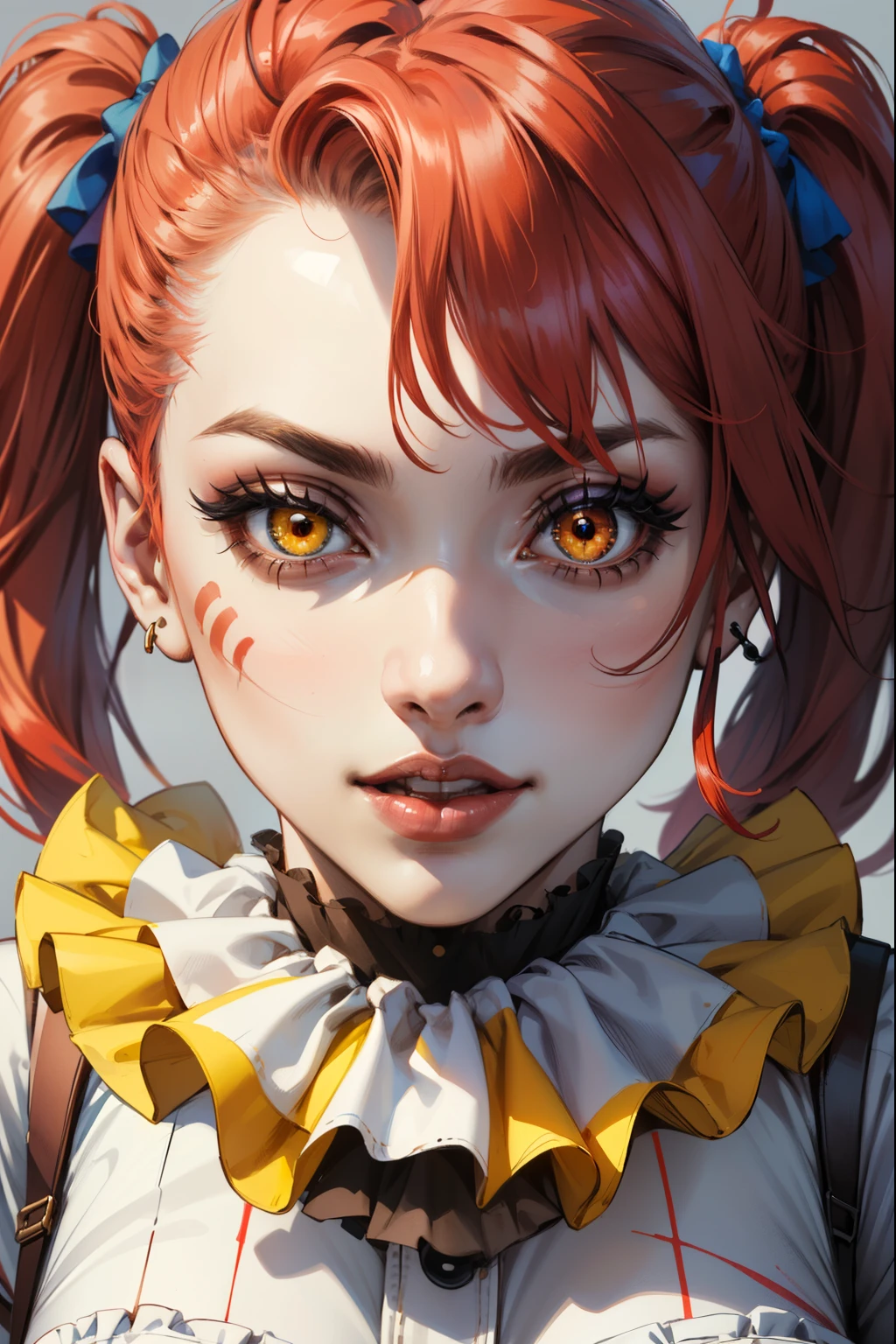 (extremely detailed CG unity 4k wallpaper),(masterpiece),(best quality),(ultra-detailed),(best illustration),(best shadow),(absurdres),(Detailed background), Pale skin, Clown girl, Clown makeup, White and red clown girl dress, White stockings, Very long red hair (Pigtails), Glowing yellow eyes, close up of face,