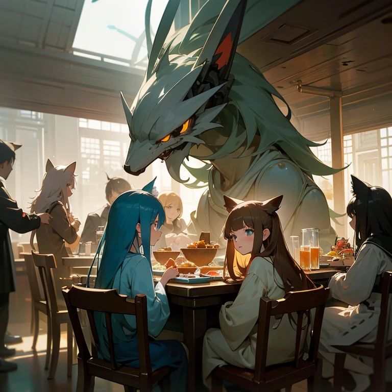 A group of anime characters and various anthropomorphic animals, including cat girls, wolf girls, elves, and robots, are sitting around the table.，Enjoying food and drinks，The atmosphere is lively and lively。The roles have（Beautiful and delicate eyes，Beautiful and delicate lips，Extremely detailed eyes and face，Long eyelashes）。They are depicted in popular anime style，Set in an otherworldly environment with fantasy elements。The scene resembles a still from the TV anime series，Captures moments of everyday life in the world of animation。 This work of art has（high quality：1.2、4k resolution、lifelike），Featuring ultra-detailed visuals，Exhibits complex design of characters and environments。Lighting is carefully designed，Bright colors，Focus is clear，Create a studio-like atmosphere。Rich scene textures，showing traditional illustrations、oil painting、3D Rendering、The use of various materials such as photography technology。 There are all kinds of delicious food around the characters（anime themed food：1.1、Mouthwatering desserts、unique drinks），Create an active atmosphere。The food is intricately detailed，Demonstrates the artist&#39;s attention to detail in creating appetizing and visually appealing dishes。The scene is reminiscent of a festive gathering，Highlight the joy of sharing food and companionship。 The composition and framing of the artwork captures the essence of the anime genre，Emphasis is on character interaction and dynamic poses。Each character&#39;s personality comes through in their expressions、poses and clothing show，Adds depth and complexity to scenes。the background depicts an otherworldly environmen elements are inspired by fantasy and adventure。 （concept art：1.1、landscape、portrait）The use of technology adds depth and dimension to the overall artwork。 