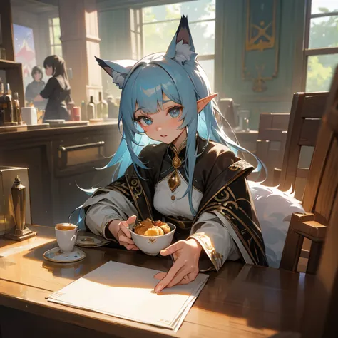 a group of anime characters and various anthropomorphic animals, including cat girls, wolf girls, elves, and robots, are sitting...