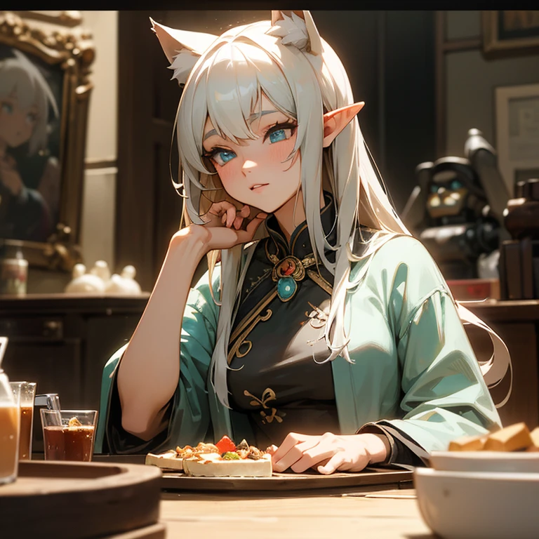 A group of anime characters and various anthropomorphic animals, including cat girls, wolf girls, elves, and robots, are sitting around the table.，Enjoying food and drinks，The atmosphere is lively and lively。The roles have（Beautiful and delicate eyes，Beautiful and delicate lips，Extremely detailed eyes and face，Long eyelashes）。They are depicted in popular anime style，Set in an otherworldly environment with fantasy elements。The scene resembles a still from the TV anime series，Captures moments of everyday life in the world of animation。 This work of art has（high quality：1.2、4k resolution、lifelike），Featuring ultra-detailed visuals，Exhibits complex design of characters and environments。Lighting is carefully designed，Bright colors，Focus is clear，Create a studio-like atmosphere。Rich scene textures，showing traditional illustrations、oil painting、3D Rendering、The use of various materials such as photography technology。 There are all kinds of delicious food around the characters（anime themed food：1.1、Mouthwatering desserts、unique drinks），Create an active atmosphere。The food is intricately detailed，Demonstrates the artist&#39;s attention to detail in creating appetizing and visually appealing dishes。The scene is reminiscent of a festive gathering，Highlight the joy of sharing food and companionship。 The composition and framing of the artwork captures the essence of the anime genre，Emphasis is on character interaction and dynamic poses。Each character&#39;s personality comes through in their expressions、poses and clothing show，Adds depth and complexity to scenes。the background depicts an otherworldly environmen elements are inspired by fantasy and adventure。 （concept art：1.1、landscape、portrait）The use of technology adds depth and dimension to the overall artwork。 