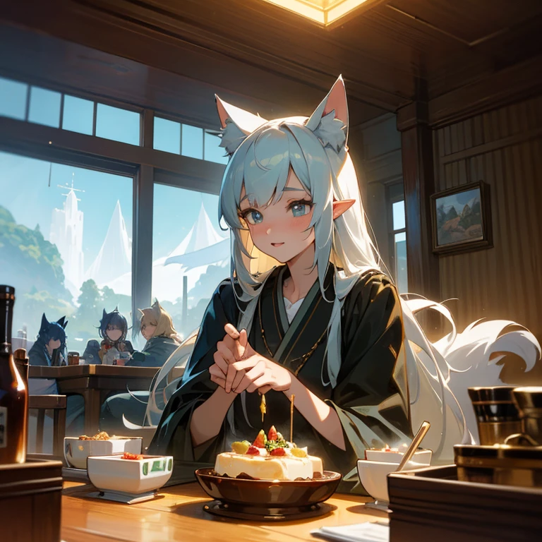 A group of anime characters and various anthropomorphic animals, including cat girls, wolf girls, elves, and robots, are sitting around the table.，Enjoying food and drinks，The atmosphere is lively and lively。The roles have（Beautiful and delicate eyes，Beautiful and delicate lips，Extremely detailed eyes and face，Long eyelashes）。They are depicted in popular anime style，Set in an otherworldly environment with fantasy elements。The scene resembles a still from the TV anime series，Captures moments of everyday life in the world of animation。 This work of art has（high quality：1.2、4k resolution、lifelike），Featuring ultra-detailed visuals，Exhibits complex design of characters and environments。Lighting is carefully designed，Bright colors，Focus is clear，Create a studio-like atmosphere。Rich scene textures，showing traditional illustrations、oil painting、3D Rendering、The use of various materials such as photography technology。 There are all kinds of delicious food around the characters（anime themed food：1.1、Mouthwatering desserts、unique drinks），Create an active atmosphere。The food is intricately detailed，Demonstrates the artist&#39;s attention to detail in creating appetizing and visually appealing dishes。The scene is reminiscent of a festive gathering，Highlight the joy of sharing food and companionship。 The composition and framing of the artwork captures the essence of the anime genre，Emphasis is on character interaction and dynamic poses。Each character&#39;s personality comes through in their expressions、poses and clothing show，Adds depth and complexity to scenes。the background depicts an otherworldly environmen elements are inspired by fantasy and adventure。 （concept art：1.1、landscape、portrait）The use of technology adds depth and dimension to the overall artwork。 