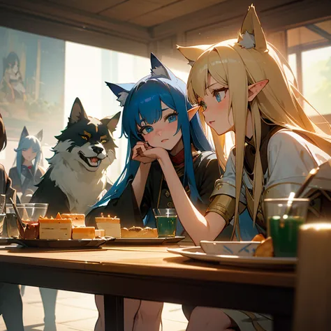 A group of anime characters and various anthropomorphic animals, including cat girls, wolf girls, elves, and robots, are sitting...