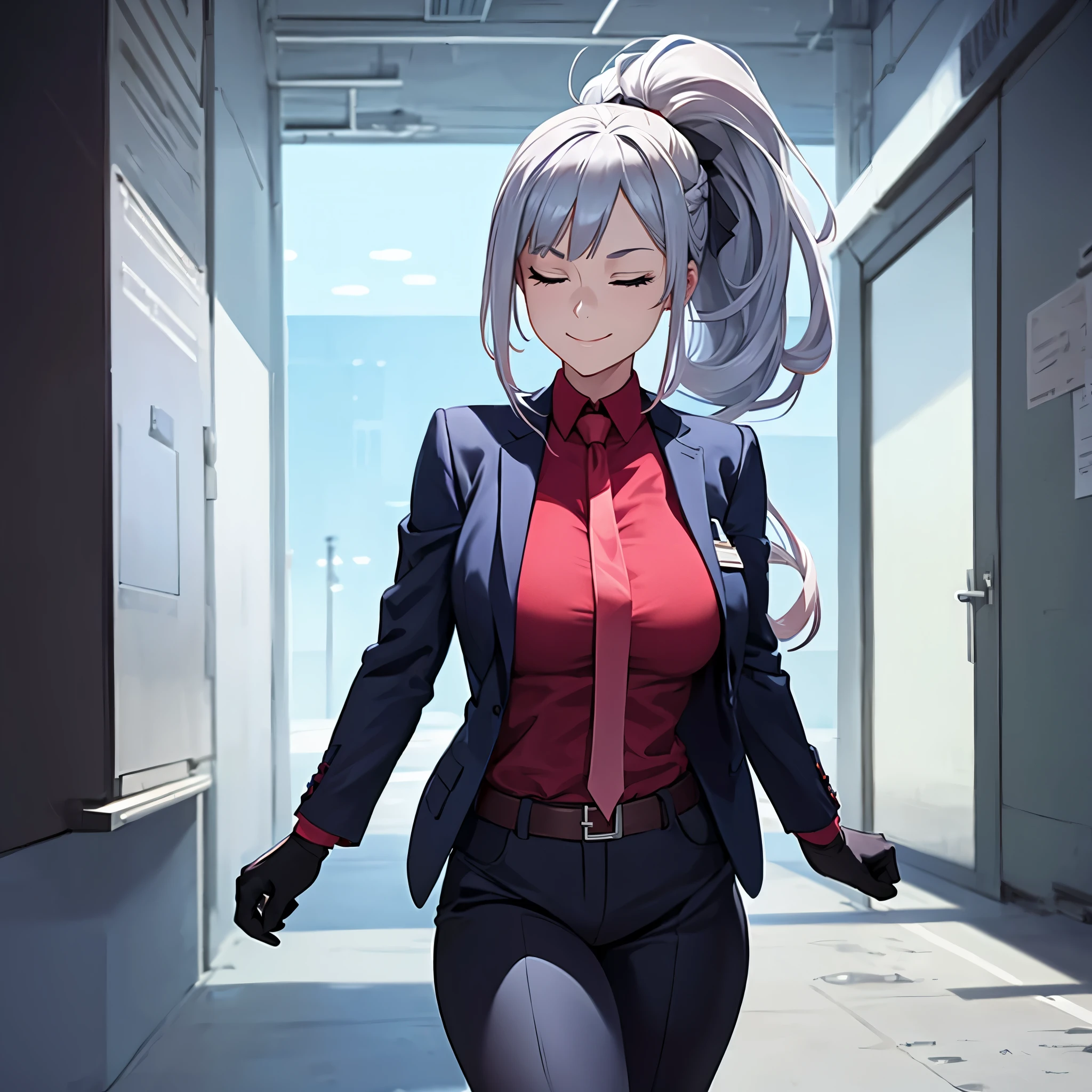 A woman wearing a black suit, with a red tie, black pants, eyes closed, long silver hair, ponytail hair, walking in a modern office, big breasts, smiling, holding a bullet, black gloves.Surrealism, drop shadow, anaglyph, stereogram, tachi-e, pov, atmospheric perspective, 8k, super detail, ccurate, best quality, award winning, textured skin, highres, anatomically correct, (woman solo)
