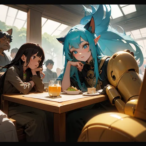 A group of anime characters, various anthropomorphic animals, including catgirls, elves, and robots, are sitting around a table，...