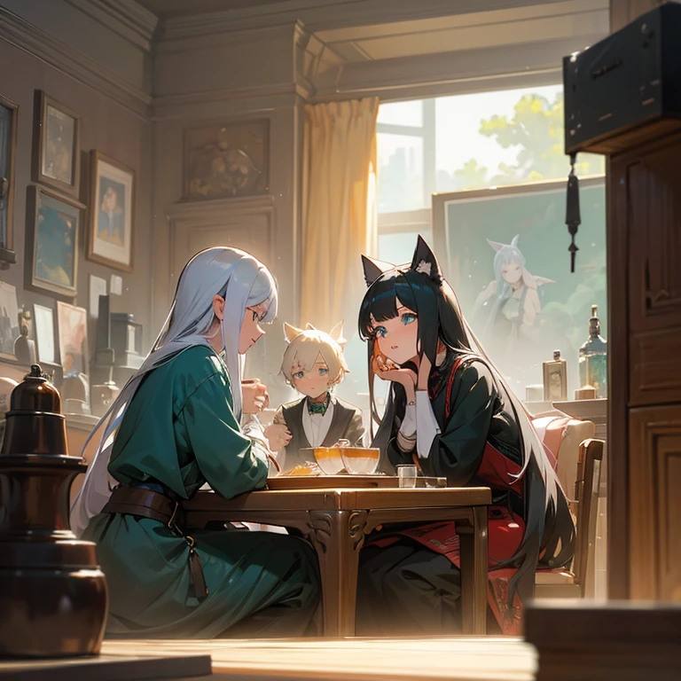 A group of anime characters, various anthropomorphic animals, including catgirls, elves, and robots, are sitting around a table，Enjoying food and drinks，The atmosphere is lively and lively。The roles have（Beautiful and delicate eyes，Beautiful and delicate lips，Extremely detailed eyes and face，Long eyelashes）。They are depicted in popular anime style，Set in an otherworldly environment with fantasy elements。The scene resembles a still from the TV anime series，Captures moments of everyday life in the world of animation。 This work of art has（high quality：1.2、4k resolution、lifelike），Featuring ultra-detailed visuals，Exhibits complex design of characters and environments。Lighting is carefully designed，Bright colors，Focus is clear，Create a studio-like atmosphere。Rich scene textures，showing traditional illustrations、oil painting、3D Rendering、The use of various materials such as photography technology。 There are all kinds of delicious food around the characters（anime themed food：1.1、Mouthwatering desserts、unique drinks），Create an active atmosphere。The food is intricately detailed，Demonstrates the artist&#39;s attention to detail in creating appetizing and visually appealing dishes。The scene is reminiscent of a festive gathering，Highlight the joy of sharing food and companionship。 The composition and framing of the artwork captures the essence of the anime genre，Emphasis is on character interaction and dynamic poses。Each character&#39;s personality comes through in their expressions、poses and clothing show，Adds depth and complexity to scenes。the background depicts an otherworldly environmen elements are inspired by fantasy and adventure。 （concept art：1.1、landscape、portrait）The use of technology adds depth and dimension to the overall artwork。 