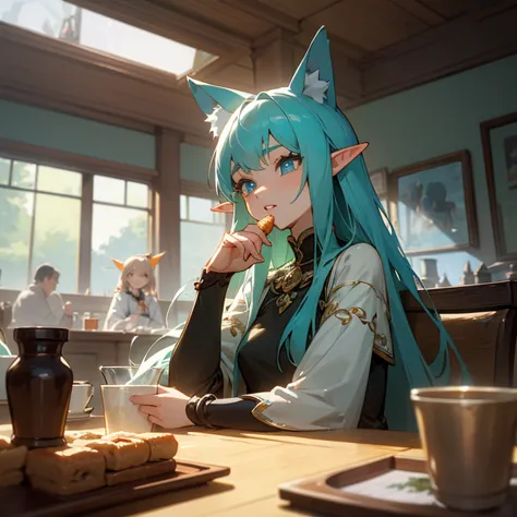 A group of anime characters, various anthropomorphic animals, including catgirls, elves, and robots, are sitting around a table，...